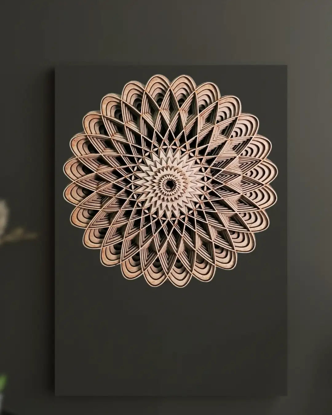 12-inch MDF mandala design wall art with intricate laser-cut pattern in matte brown finish